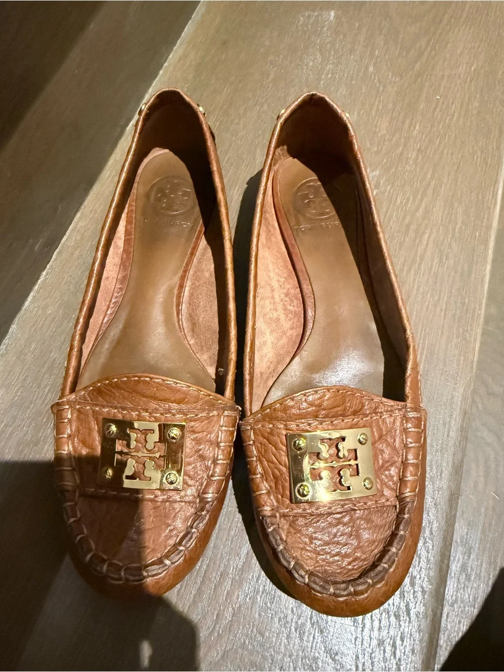 Tory Burch Cognac Leather Logo Penny Loafers